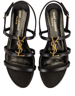 $875 NEW SAINT LAURENT YSL BLACK LEATHER LOGO FLAT STRAPPY SANDALS
