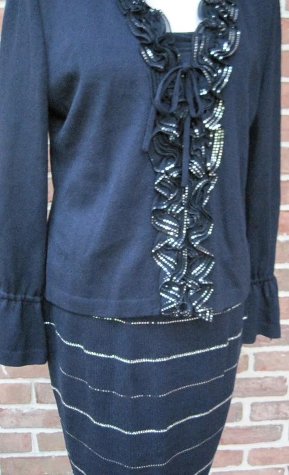 Conjunto de 3 piezas de chaqueta de lentejuelas St John Evening azul marino plateado talla 8 falda sin mangas M talla 6 Foto 4 de 4