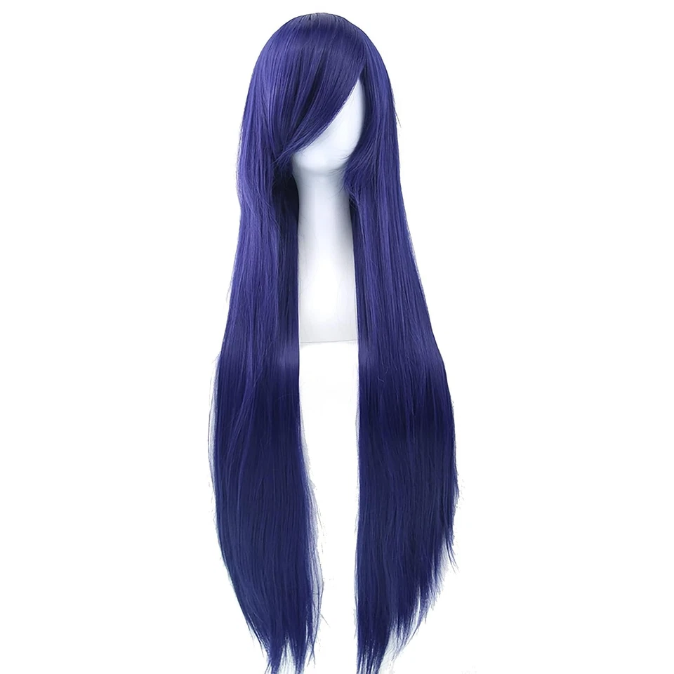 IMISSU 80cm Long Straight Natural Hair Cosplay Wigs with Bangs Dark Blue  - Image 2 of 4