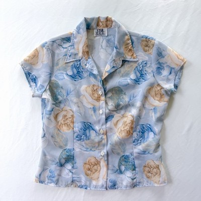 Vintage 90s Y2K Star CCC Blue Floral Blouse | Pastel Fitted Button Up | Size L