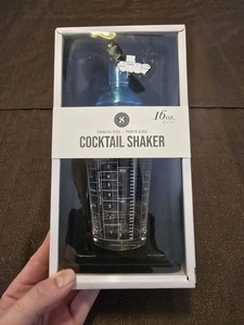 S8 16 oz Cobbler Cocktail Shaker Set, Printed Glass & Stainless Top, Strainer