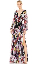 Mac Duggal Black Multi Floral Long Sleeve Chiffon Gown Size 8 498