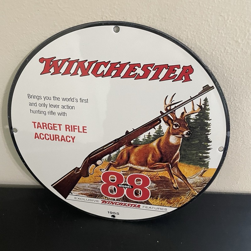 VINTAGE WINCHESTER MODEL 88 HUNTING OIL MOTOR GASOLINE PORCELAIN SIGN