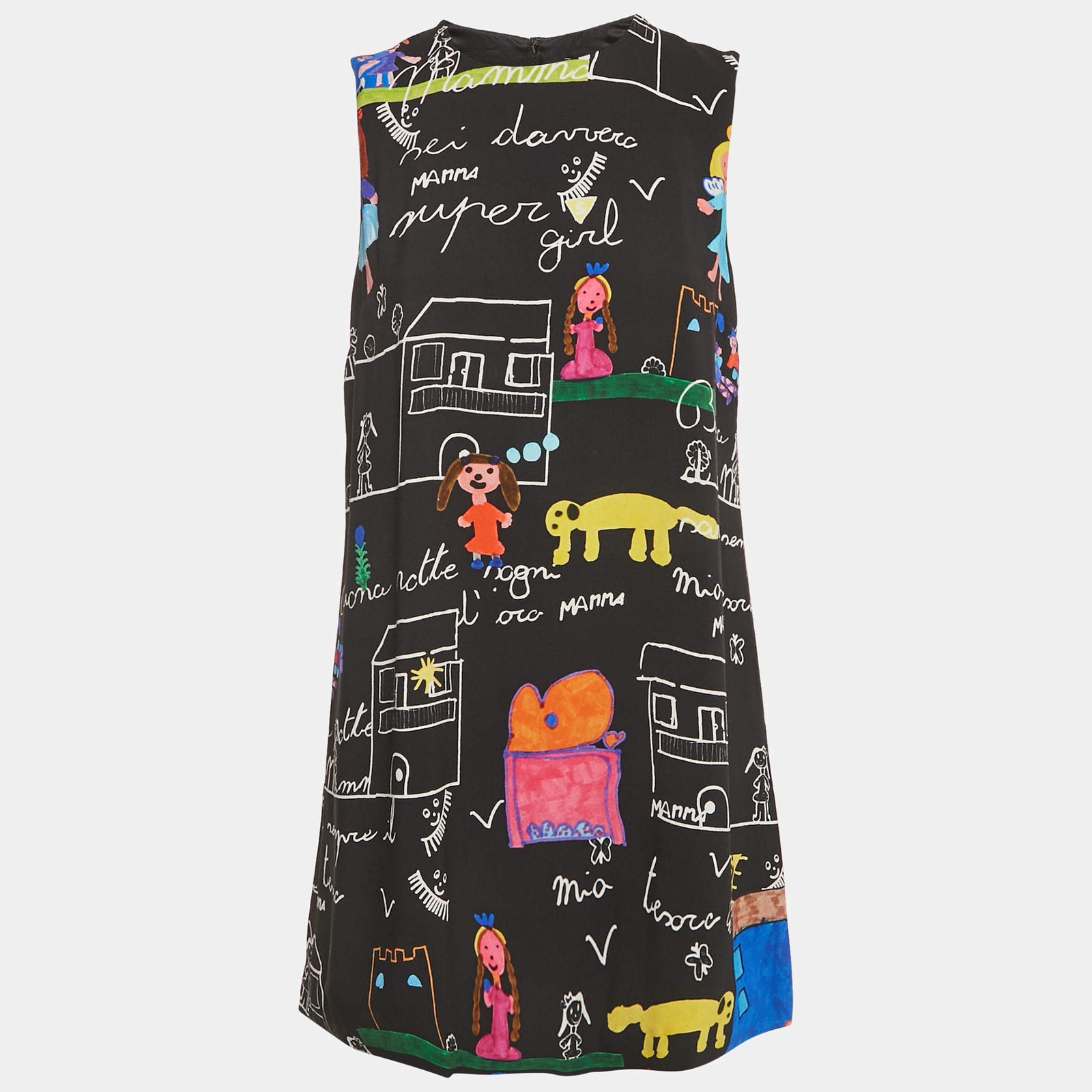 Dolce Gabbana Black Childrens Drawing Crepe Mini Dress S
