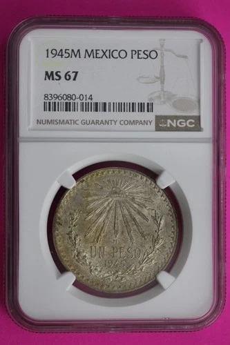 1945 M MS 67 Mexico Peso Silver Coin NGC Certified Authentic Graded Slab 650