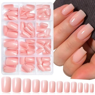 240pc Square Press on Nails Medium Fake Nails Nude Pink Glue on Nail Tips | Nude