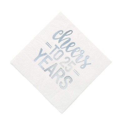 Unique 25th Anniversary 'Cheers to 25 Years' Lunch Napkins, 16 Ct, Silver/White