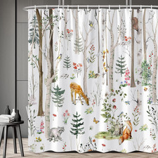 Forest Animal Shower Curtain Cabin Rustic Deer Bathroom Curtains Floral Butterfl