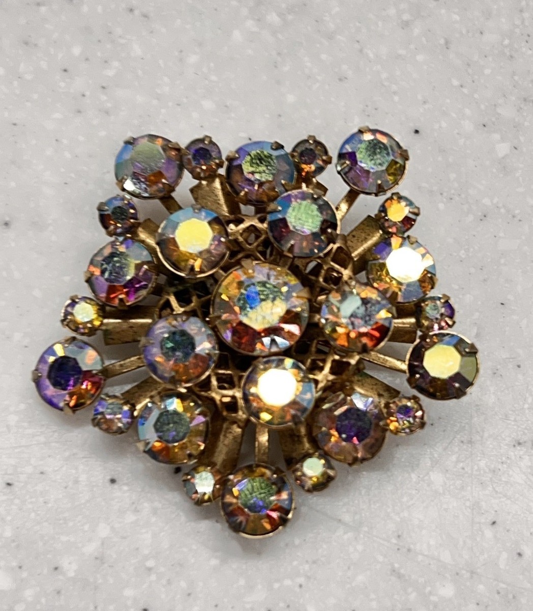 ✨ Vintage Rhinestone Brooch Stacked Snowflake Starburst Colorful
