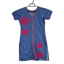 Womens Blue Denim Dress w/ Red Embroidery Button Front Short Sleeve Size S