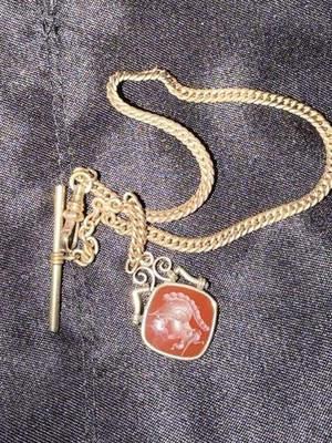 Vintage Victorian Rose Gold Fill Carved Carnelian Intaglio Centurion Fob Chain