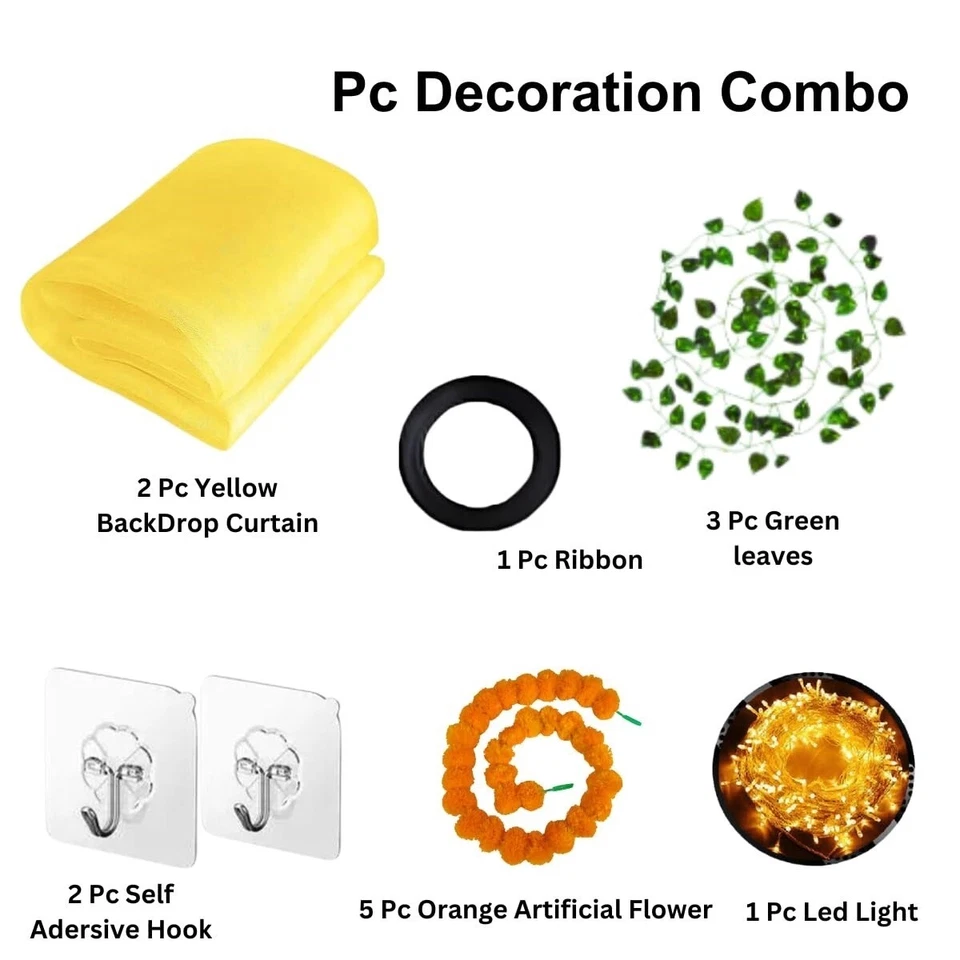 9 piezas artículos de decoración Haldi Mehndi - telón de fondo de tela de cortina amarilla led fairy li Foto 2 de 4