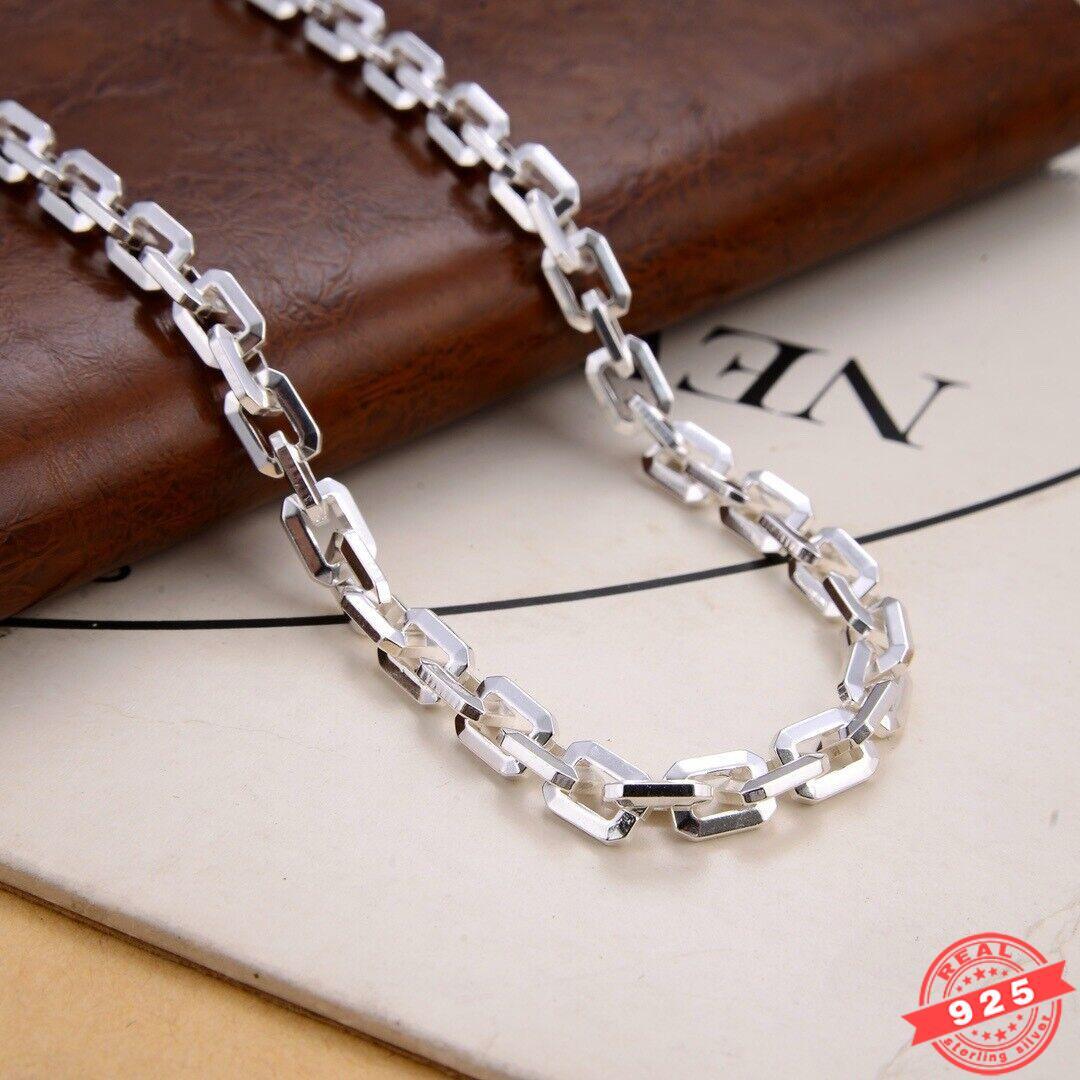 Real 925 Sterling Silver Rectangle Link Chain Mens Necklace