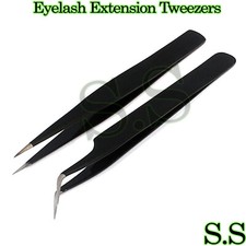 2 Pcs Black Eyelash Extension Tweezer Set Straight  Curved Volume Lash German G
