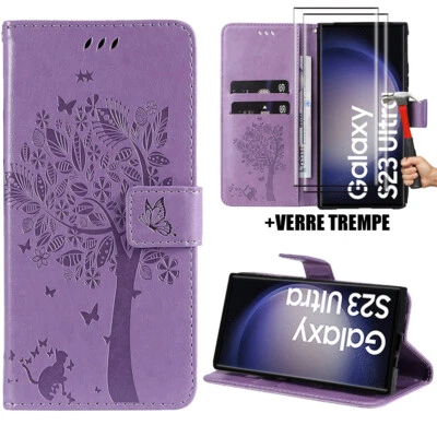 Coque +2 Verres Trempés pour Samsung Galaxy S23 FE S22 S21 FE S20 FE Motif Arbre