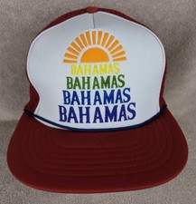 Vintage Bahamas Sun Spellout Trucker Hat Snapback Adjustable Red Embroidered
