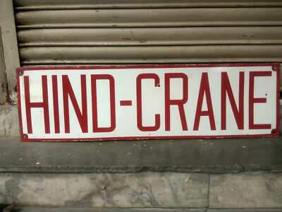 Vintage Altes Original Porzellan Emaille Schild HIND CRANE Riesige Maschine 1950
