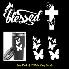 Blessed Butterfly & Cross White Vinyl Decals Windows Car Laptop Tablet Tumblers