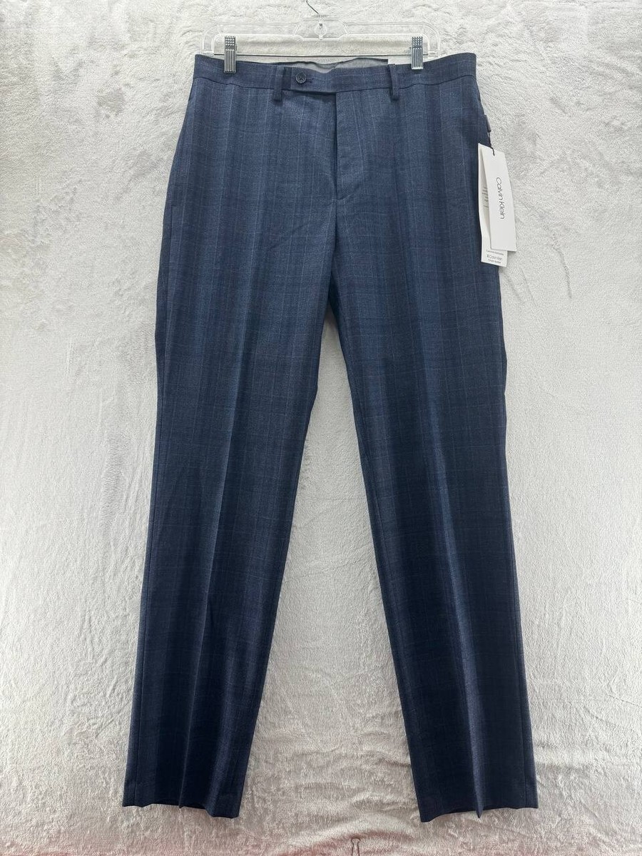 NWT Calvin Klein Slim-Fit Infinite Stretch Wool Suit Pants Navy Plaid  33x32