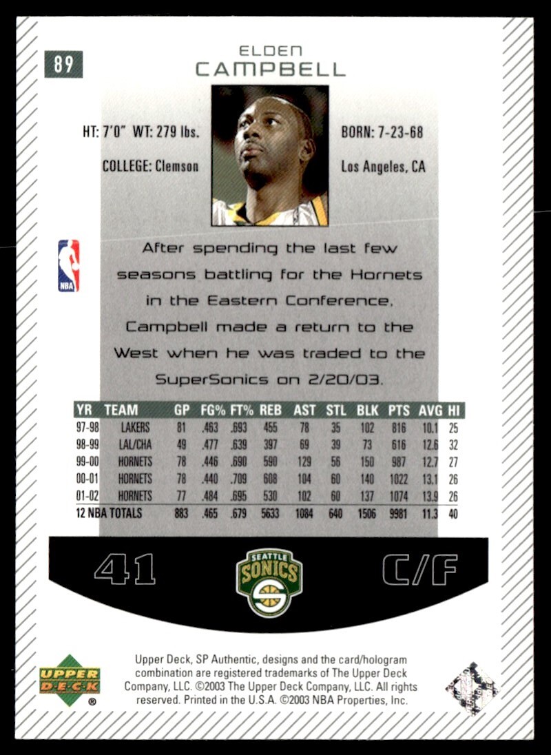 2002-03 SP Authentic Elden Campbell Seattle SuperSonics #89 | eBay
