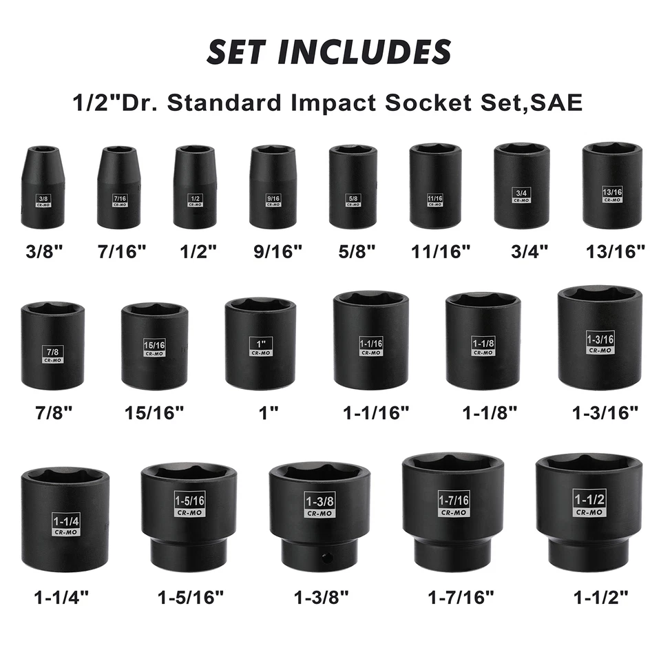 Juego de 19 enchufes de impacto estándar de accionamiento de 1/2", SAE poco profundos, 3/8" a 1-1/2" Cr-Mo Foto 2 de 4