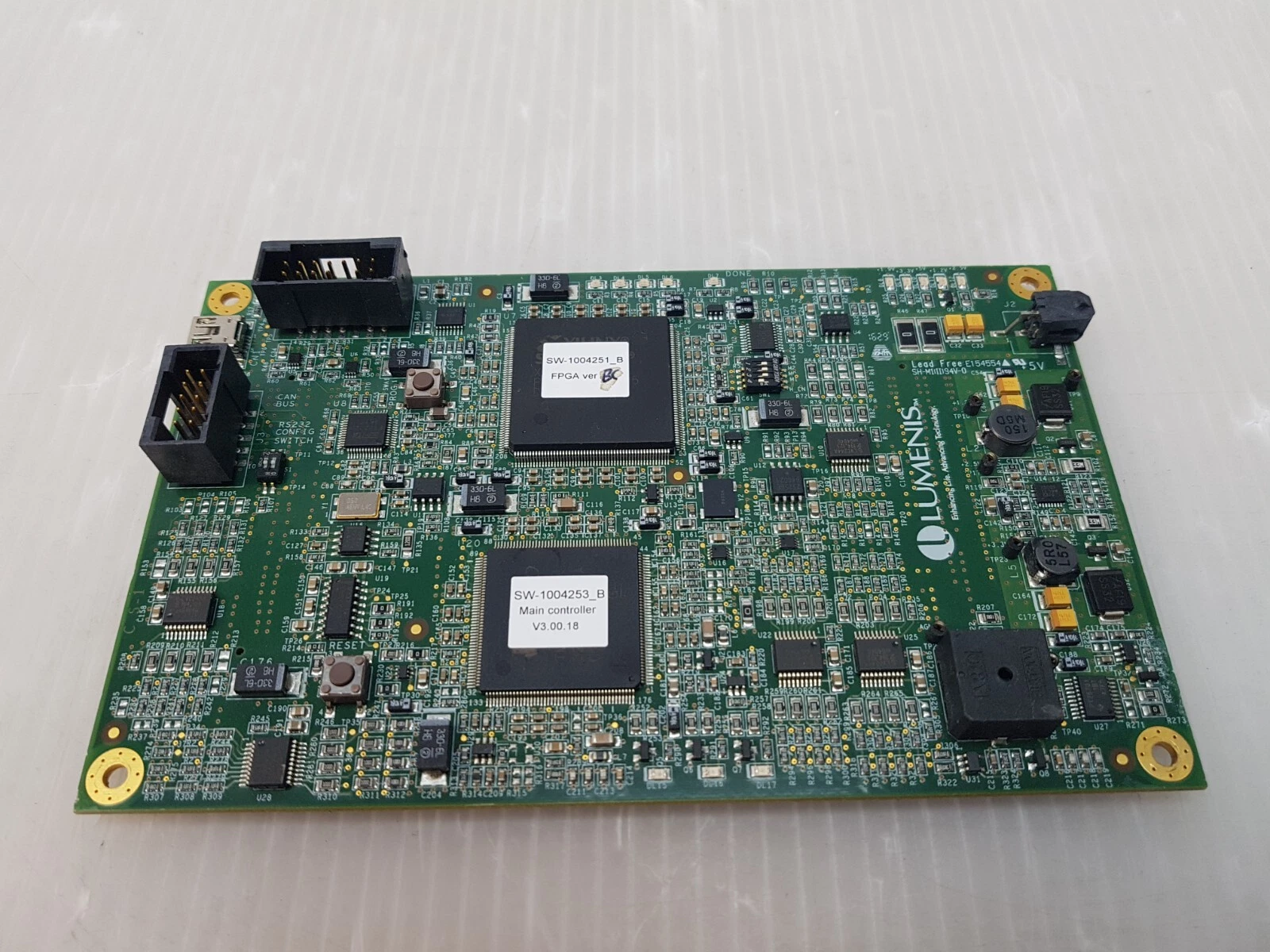 Lumenis IF board SA-10030131 at an angle showing box headers and mini-USB port