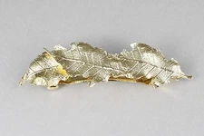 Gold leaf metal barrette curved hair clip leaves 3.5" long stamped textured