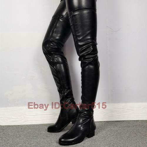 べちょ Women Heel Flat Side Zipper Thigh High Boots Casual Over The