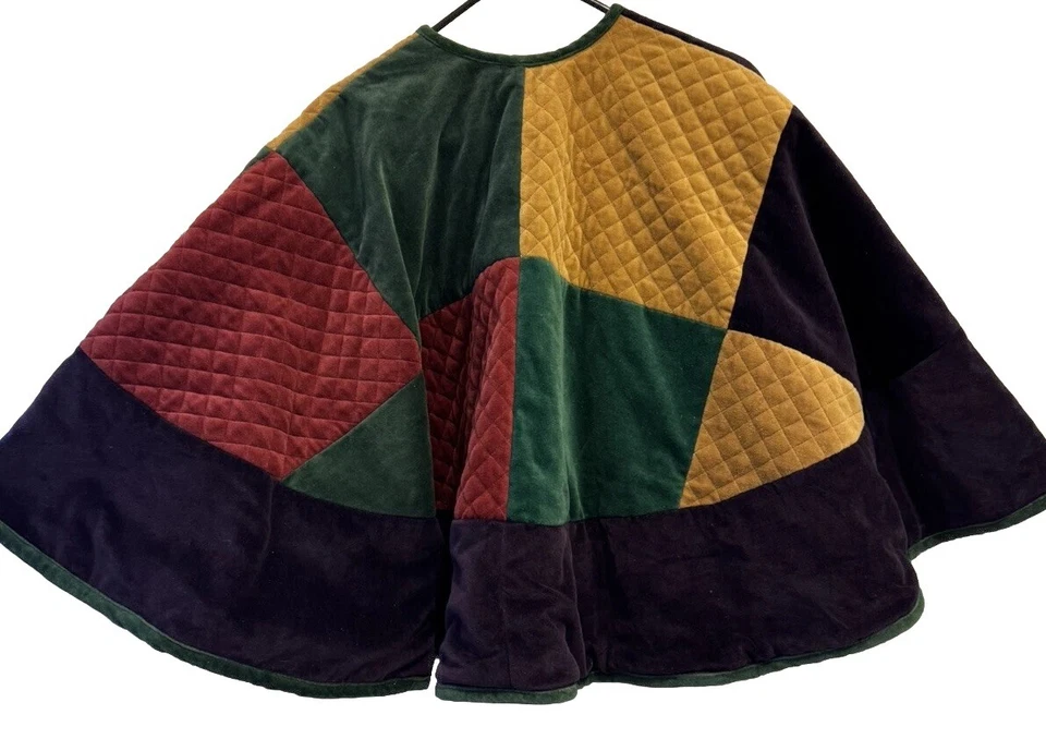 VTG BOHO Patchwork Poncho Cape Hippie Festival Purple Green 51x24 Velvet - Image 3 of 4