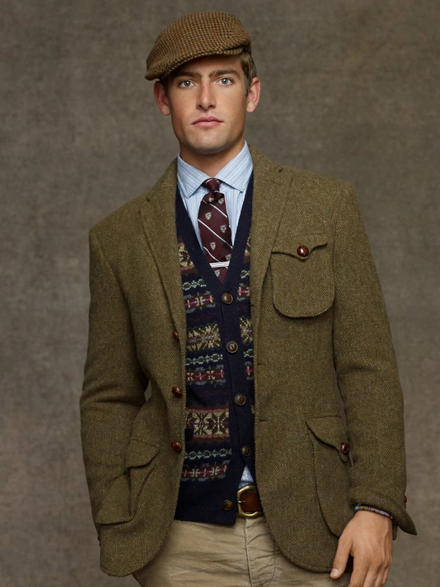 Men Tweed Suit Army Green Mens Winter Jacket Slim Fit Vintage Male Clothing  Coat