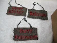 HANGING REVERSIBLE SIGNS 3 WELCOME HAPPY EASTER WELCOME  RESIN WOOD LOOK
