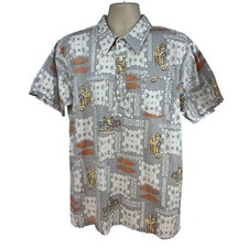 Hawaiian Vintage Tiki Mens Reverse Print Pullover Button Up Shirt Large Pocket