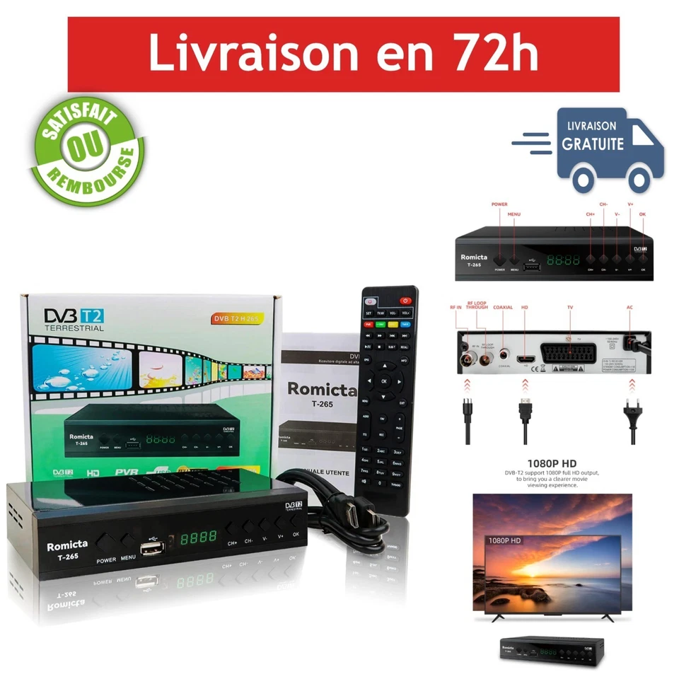 Décodeur TNT HD DVB-T2 H.265 HEVC 1080p PVR USB HDMI Romicta - Photo 1/4