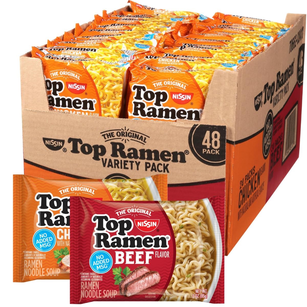Nissin Top Fideos Ramen, Sopa de Pollo y Carne, Variedad 3 Onzas (Pack de 48)