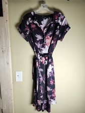 Vera Wang Simply Vera Sz Large Purple Floral Dress W/belt Short Sleeve