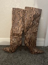 Pretty Little Thing Brown Snakeskin Knee High Boots Size 10 UK 8 NIB