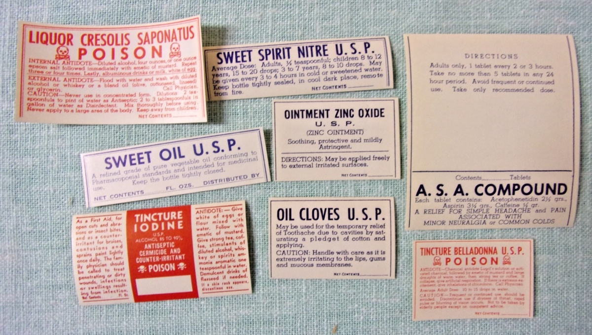 67 DIFFERENT VINTAGE PHARMACY MEDICINE APOTHECARY BOTTLE LABELS
