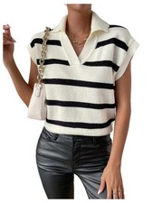 Women's Striped Print Sweater Vest Sleeveless Collared Cap Sleeve Ribbed Fall...