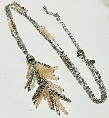 Chico's Silver Tone Long Faceted Glass Pastel Bead Tassel Necklace 32” Plus Long