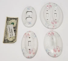 Porcelain Bathroom Hardware Set Light Switch Cover Recepticle - White Floral LOT