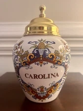 Olde Virginia Jar Company “Carolina” Delft Tobacco Apothecary Jar With Brass Lid