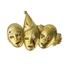 Vintage AJC Goldtone Triple Clown Face Broach