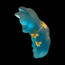 Fenton Lenox Celeste Blue Frosted Satin Glass Grooming Cat Figurine Hand Painted