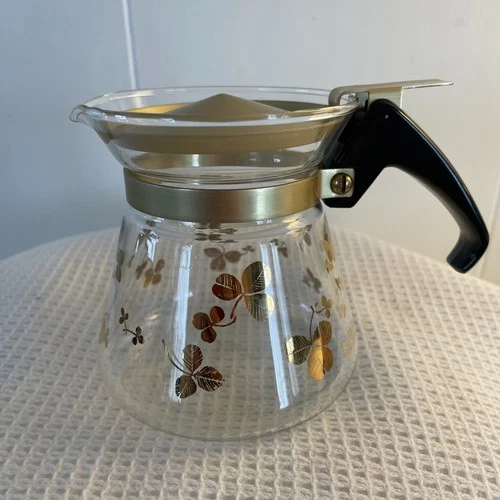 Vintage MCM Pyrex Tea Coffe Syrup Carafe Golden Clover Mini 4” With Flip Lid