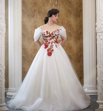 Red Embroidery Floral Appliqued Wedding Dress Off-Shoulder A-Line Long Tulle
