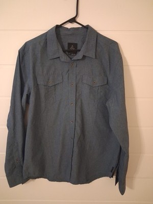 Prana Breathe Button Up Shirt Mens Large Blue Check Roll Tab Sleeve