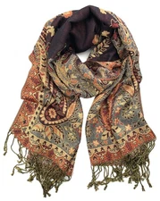 Metallic Tapestry Ethnic Paisley Pattern Pashmina Scarf Burgundy Gold Metallic