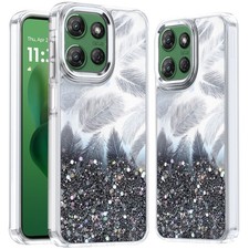For Moto G Power 2025/26 Case Feathers Glitter Epoxy Cute Cover Tempered Glass