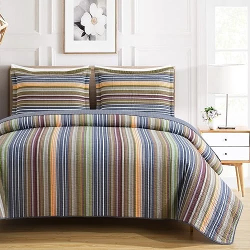 Juego de edredón de algodón a rayas Avery tamaño, 3 piezas suave prelavado King multi, verde Foto 3 de 4