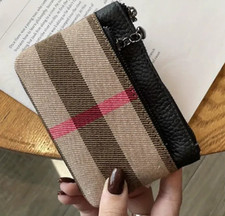 Black Faux Leather Burberry-Like Plaid Canvas Double Zip Card Case Small Wallet